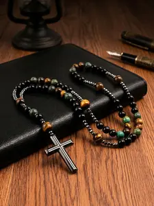 Natural Stone African Tiger Eye Simple Cross Pendant Necklace for Men and Women Religious Bead Rosary Jewelry for Daily Wear
