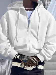 Men's Loose Hooded Casual Cozy Sweatshirt Jacket, Thick Long Sleeve Solid Color Plain Zipper Design, Knit Sporty Fashion, Fall Winter Casual Outerwear, Stylish Men's Coat