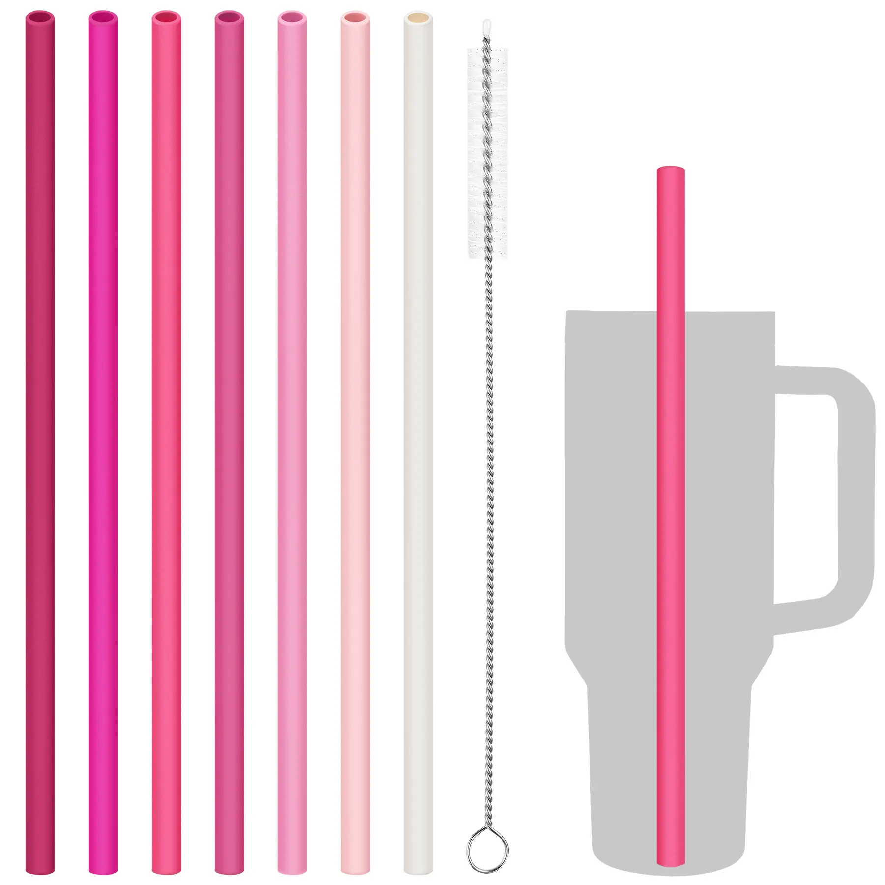 Tomorotec 7PCS Silicone Drinking Straws Fit for Stanley 40 oz 30 oz Tumbler | 12” Reusable Long Straw Compatible with Stanley Cup & Simple Modern Tumbler, Trim to Fit, Chew Friendly, with Brush (Pink)