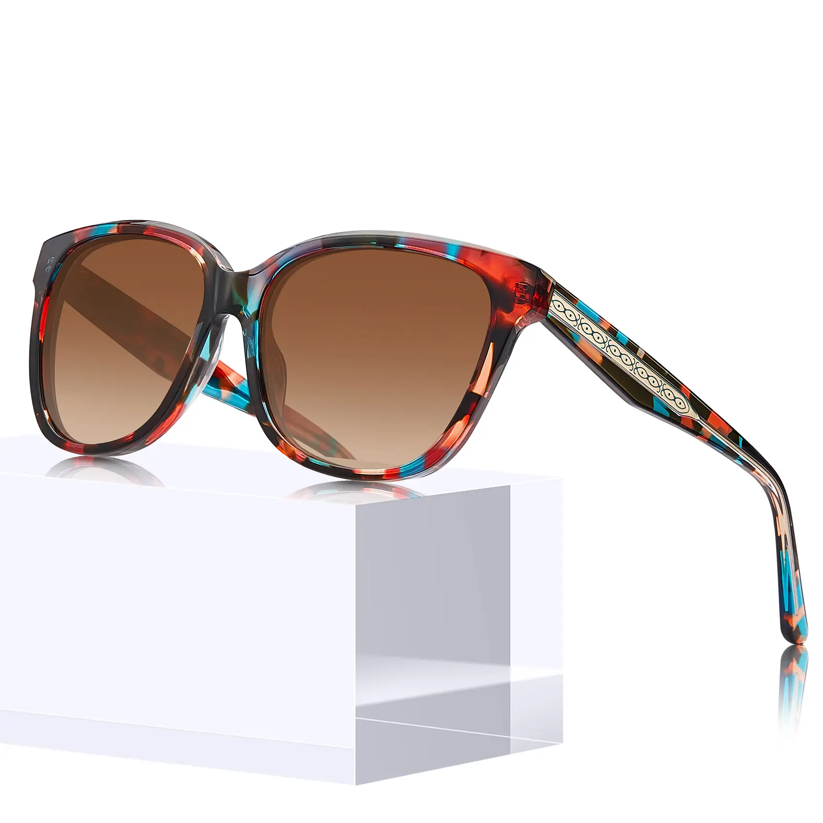 CARFIA Womens Sunglasses, Polarized Square Retro Italian Design, Glossy Acetate Frame with Embossed Pattern, Strong Metal Hinge, Embossing, Bold Colors, Full Rim
