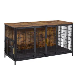 Dog Cage Furniture, 53 Inch Dog Crates for Medium/Large Breed with 360° & Adjustable Raised Feeder Farmhouse Wood Metal Kennel Indoor Heavy Duty Pet Crate
