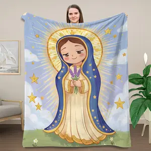 Anime Virgin Mary Our Lady Of Guadalupe Blanket  Warm nap Blanket  Holy Aura Starry Sky Print Soft Flannel Fleece Throw Lightweight All Season Religious Spanish Inspired Design Cozy Warm Decor Gift For Catholics Meditation Prayer Room