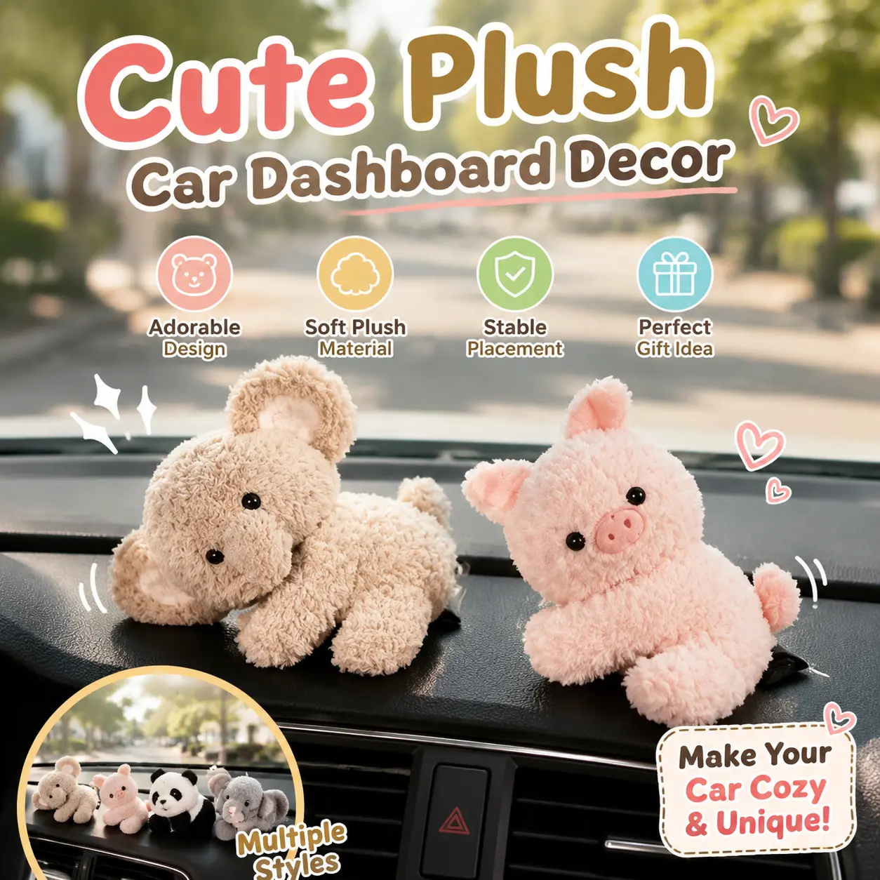 Cute Plush Animal Car Dashboard Decor, Kawaii Mini Soft Toy Interior Accessory, Adorable Car Decoration Gift