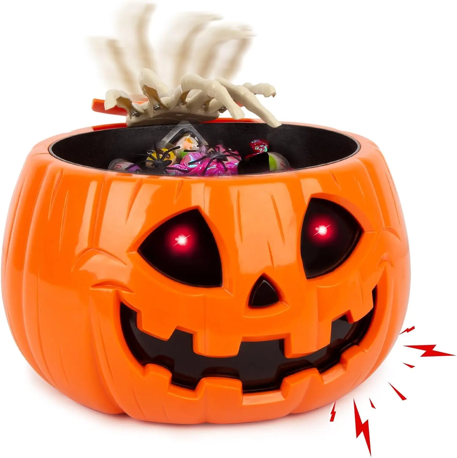QEQEKAKA Animatronic Halloween Candy Bowl Decorations - Motion Activated | Pumpkin Candy Bowl with Creepy Sound, Skull Hand, Glowing Eyes, for Trick or Treat, Indoor Halloween Party Decoration