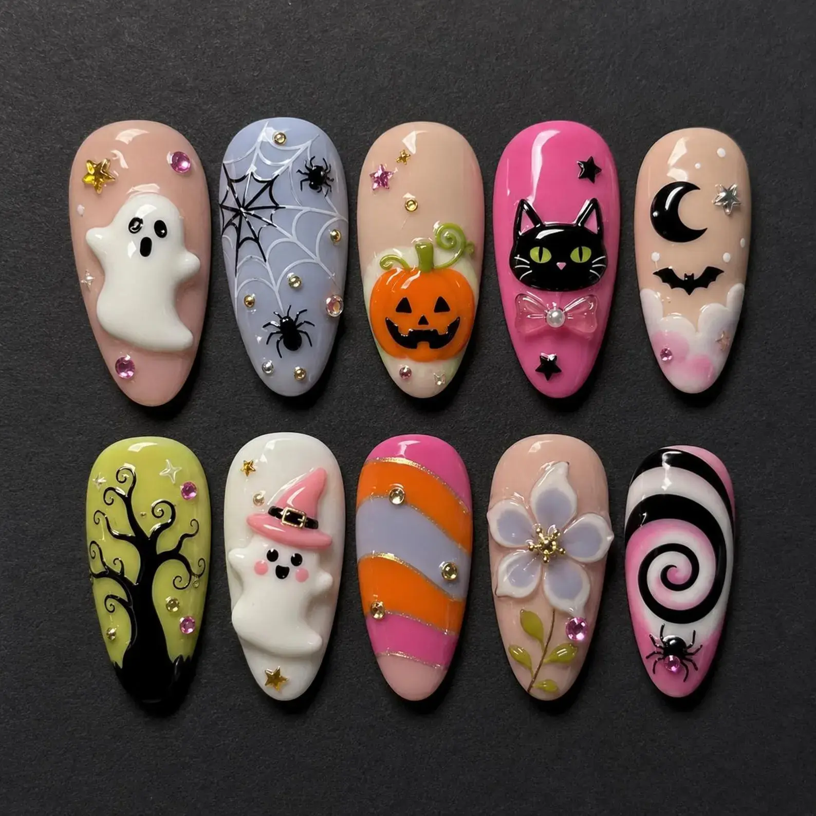 Halloween Press-On Nails - Cute Bat, Kawaii Pumpkin, Moon, Autumn Leaves Designs for Spooky Whimsical Fall Aesthetic Nail Art Decorations