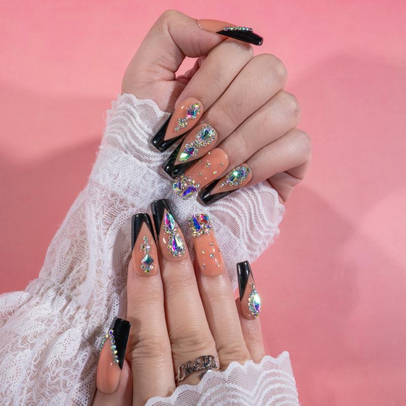 LikeTeTe  Sparkling Rhinestone salon Nails – French Tips with Chunky Crystals | Festival & Party Nail Set” Reusable Handmade Iridescent Glitter