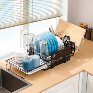 SURUIHK Dish Rack - Foldable Stainless Steel Dish Rack with Integrated Drying System, Adjustable Dimensions, Removable Drain Trays, Non-Slip Rubber Feet, Ideal for Compact Kitchens, Organiser, 5 - 10 Kg, Dish Drying Racks, Rectangle