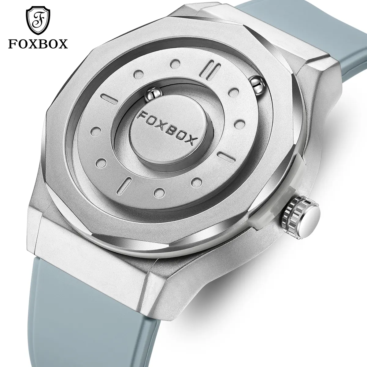 FOXBOX Men's Trendy Round Quartz Watch, Unique Dual-Track Dial, Silicone Strap, 30M Water Resistance, Round Quartz Watches, Sleek Quartz Watches