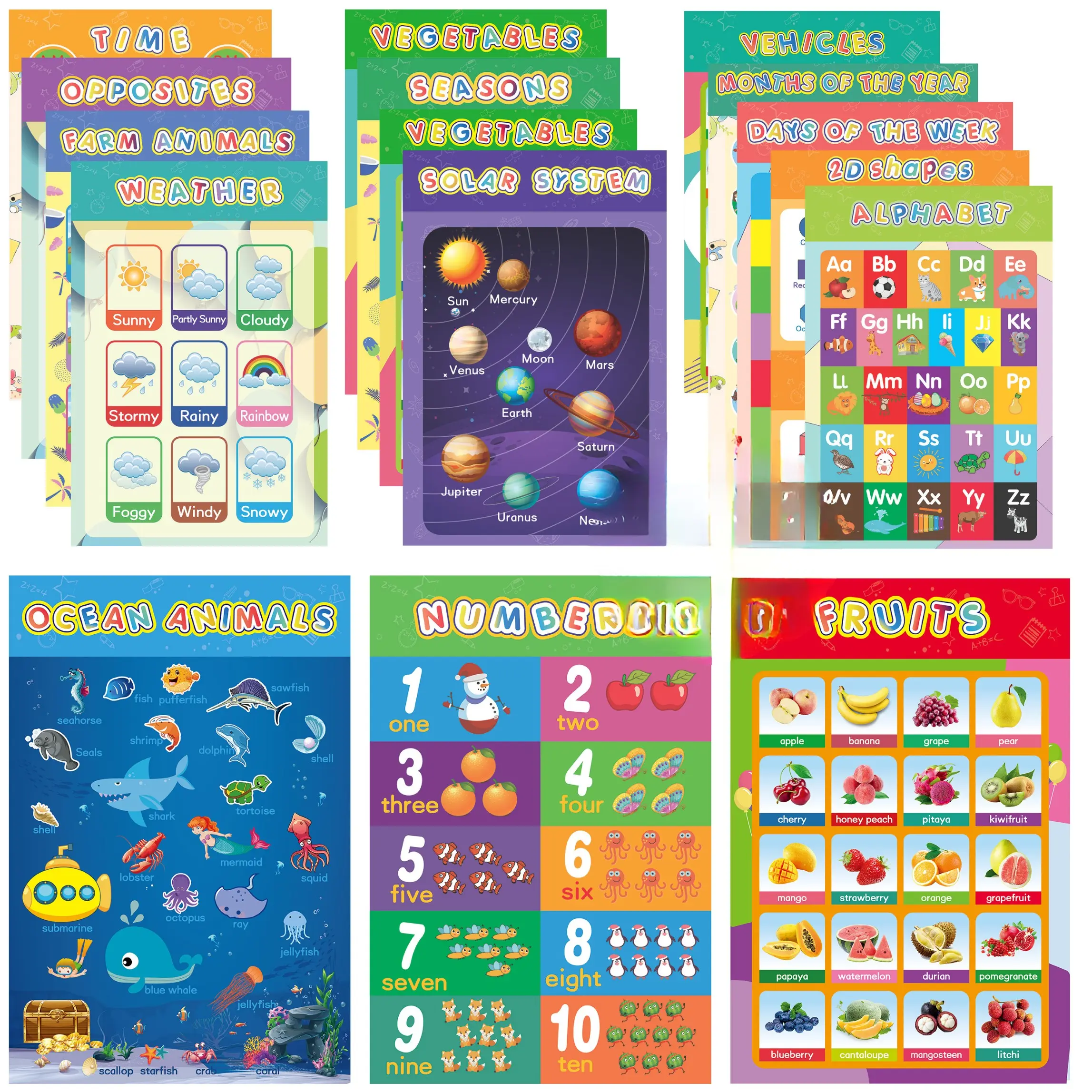 16 Laminated Educational Posters For Toddlers, Preschool Posters for Classroom, Kindergarten Wall Decor, PreK Learning Materials Alphabet Number Chart