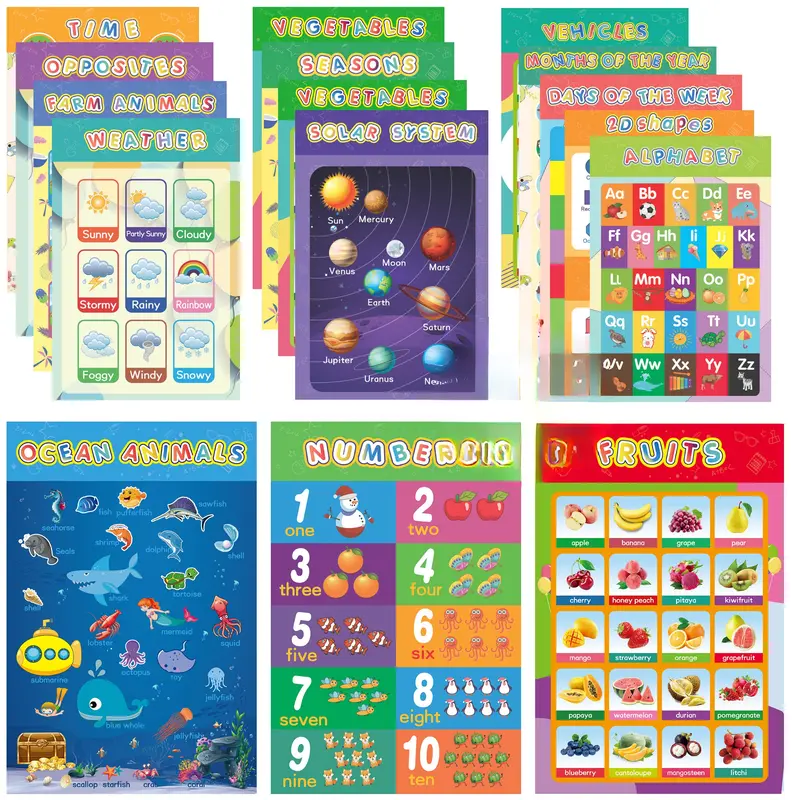 16 Laminated Educational Posters For Toddlers, Preschool Posters for Classroom, Kindergarten Wall Decor, PreK Learning Materials Alphabet Number Chart