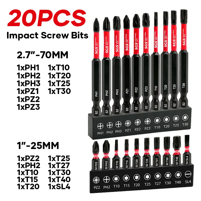 20 Pcs Industrial Security Torx/Torx/Phillips/Slotted Screwdriver Bits Set, S2 Steel 60-62 HRC Anti-Slip Magnetic Drill Head, Impact And Wear-Resistant, 1/4" Hex Shank With Black Rust-Proof Base, For Woodworking, Industrial Manufacturing Tools