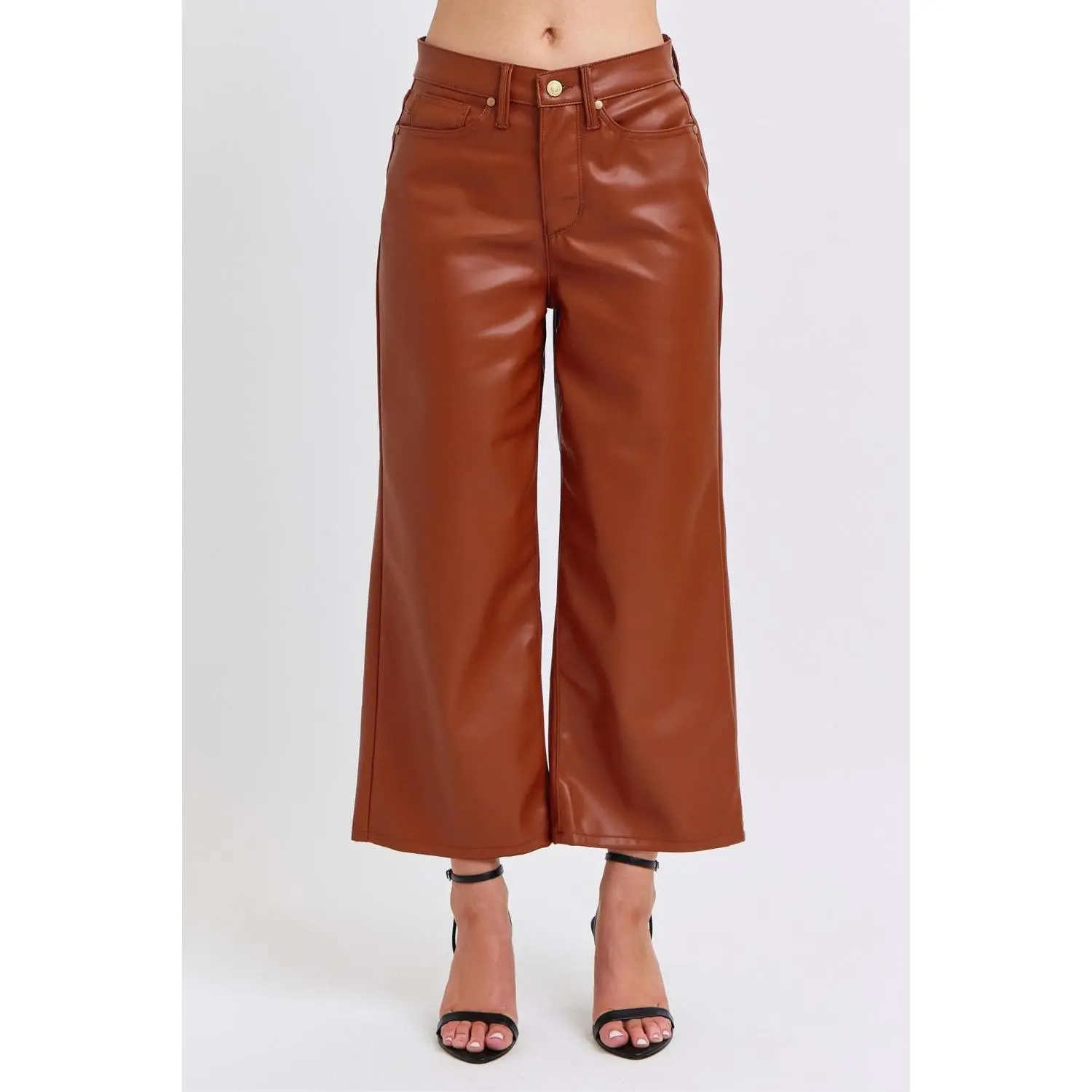 Judy Blue High Waist Tummy Control Camel Faux Leather Wide Leg Crop Denim Jeans 88900 Bottom Pants, Fashion, Soft