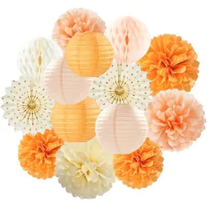 14pcs Beige Orange Peach Fall Party Decorations Paper Lanterns Boho Streamers Fan Tissue Pom Poms for Autumn Thanksgiving Harvest Birthday Baby Bridal Shower Wedding Engagement Decor