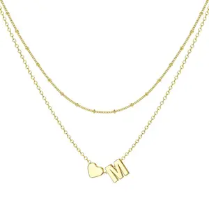 Fashionable Gold Layered Initial Heart Necklace  Dainty 14K Gold Plated Tiny Letter Heart Personalized Monogram Name Necklaces for Women Trendy Gold Necklace Jewelry Fall Freshness