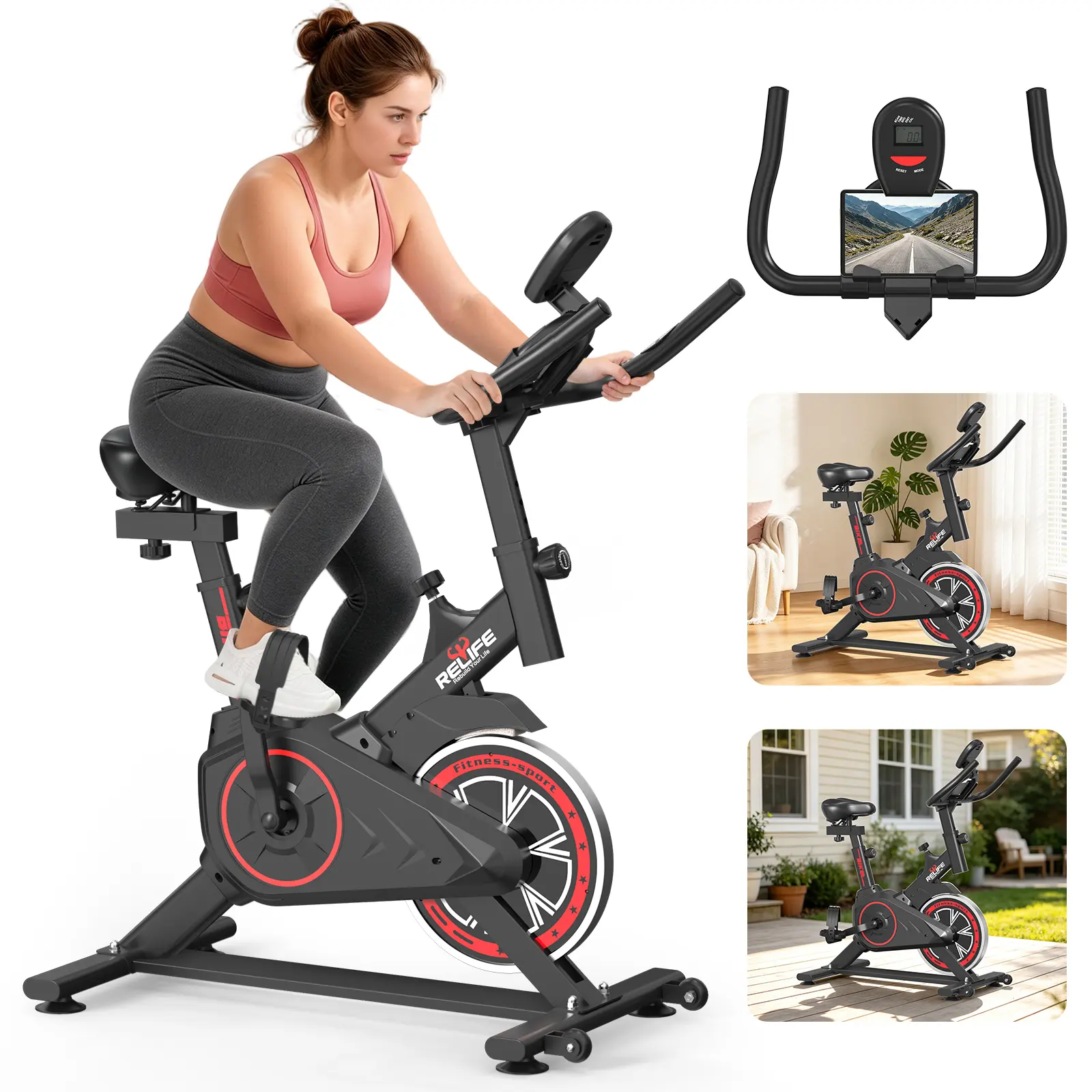 RELIFESPORTS Unisex Stationary Indoor Cycle, Magnetic Resistance Silent Belt Drive Home Fitness Exercise Equipment, LCD Screen Monitor, Tablet Holder, Adjustable Ergo Seat, Emergency Brake