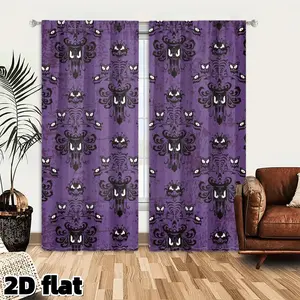 2D Flat 2Pcs Halloween Haunted Mansion Curtain Panels, Purple Ghost Face Pattern, Gothic Spooky Window Drapes, Semi Sunshade Polyester Fiber, Suitable for Living Room Bedroom Gaming Home Decor, Party Decoration