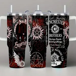 1 Piece Lyrichard 40 oz < Supernatural >   TV Series Inspired Thermos Cup - Retro Winchester Brothers Design (With Handle, Leak-Proof Double-Wall Insulation, Can Keep Drinks Hot or Cold for a Long Time, 304 Stainless Steel Travel Cup