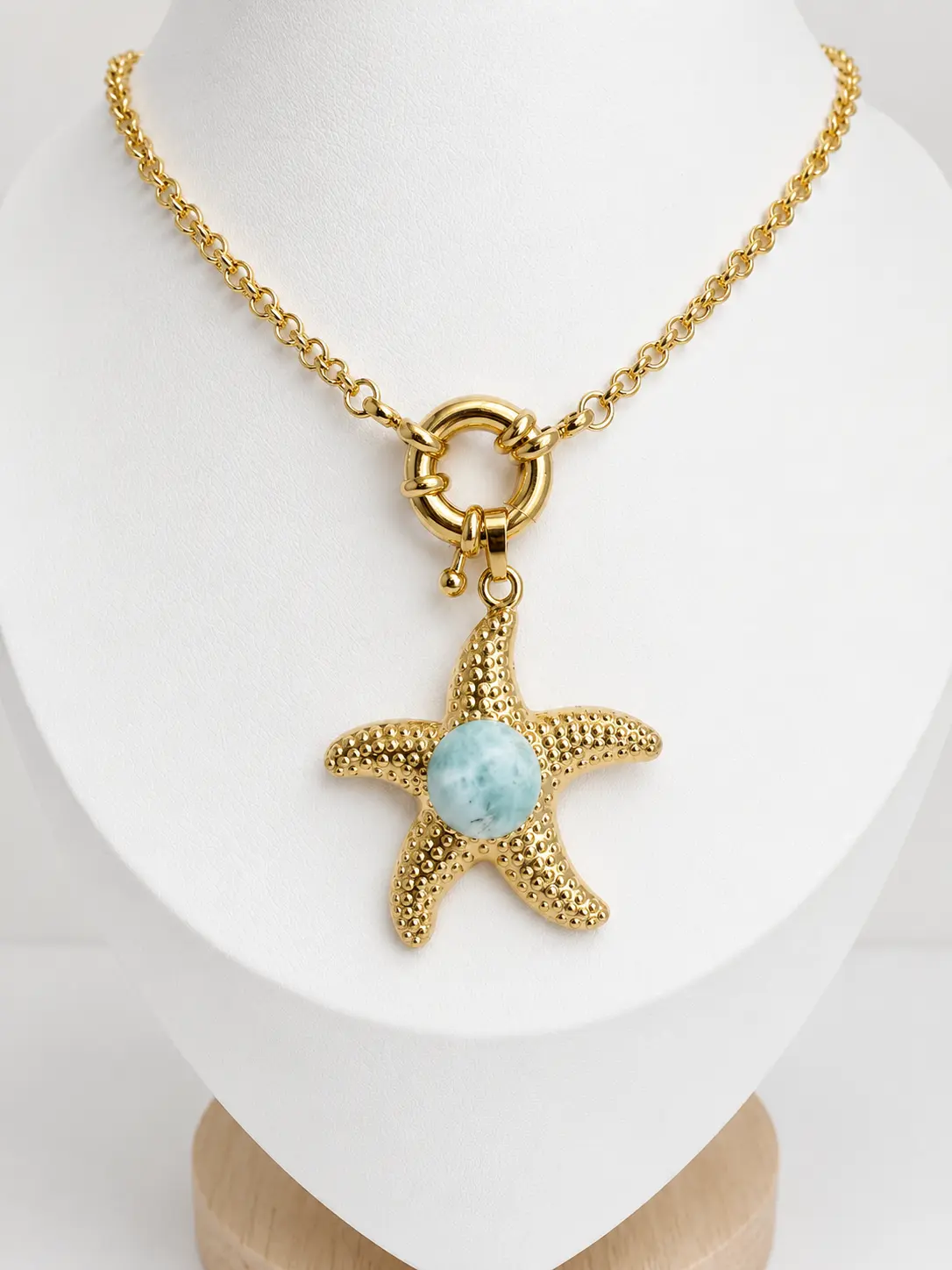 Starfish Necklace with Genuine Dominican Larimar – 16.5” Waterproof Coastal Jewelry