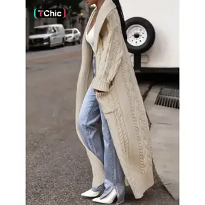 Women's Textured Drop Shoulder Long Cable Knit Cardigan, Casual Long Sleeve Open Front Knitwear for Fall & Winter, Fashion Women's Knit Clothing for Daily Wear, Casual Chic Knitwear