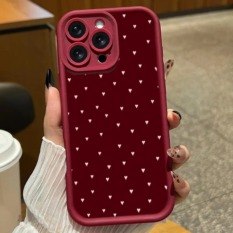 Wine-red background with polka dot and heart pattern phone case. Compatible with iPhone 17 Pro Max/16 Pro Max/15 Plus/14/13/12/11, TPU soft case. Compatible with Galaxy S26 Ultra/S25 Plus/S24/S23, Dopamine color. Compatible with Galaxy A54/A53/A33/A15.