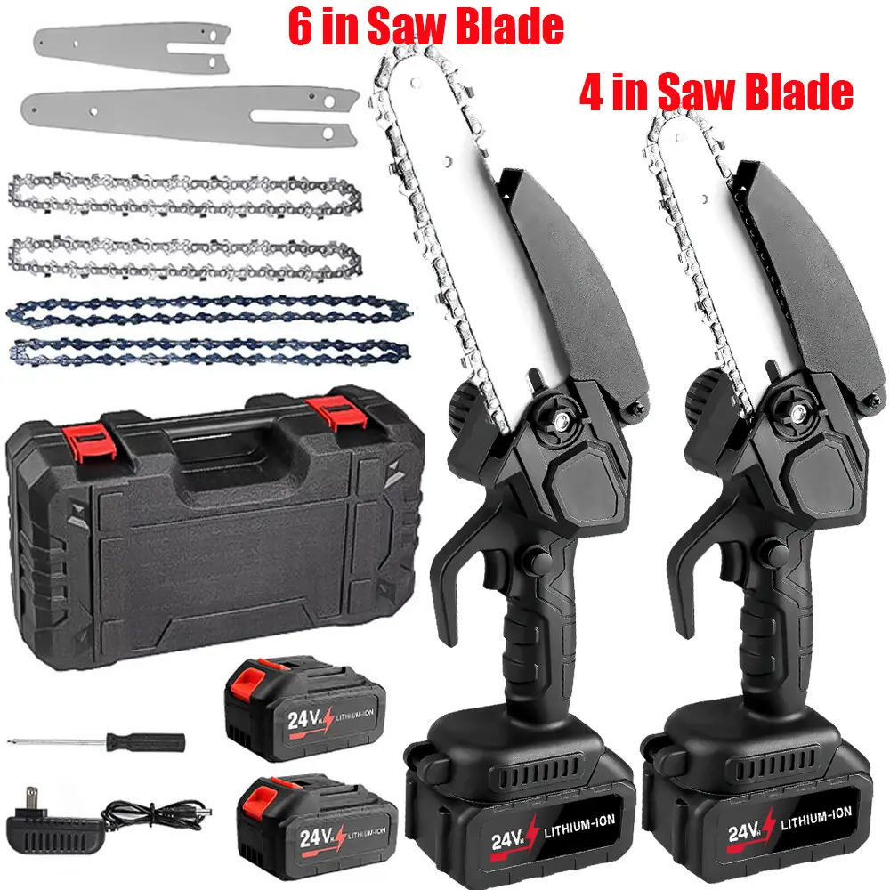 Handheld Cordless Chainsaw Kit, 21V with 2 Long-Lasting Batteries, Interchangeable 4-Inch and 6-Inch Chains, and Portable Case for Wood Cutting