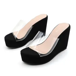 Women's Wedge Platform Sandals Clear Transparent One Band Strap Slide Open Toe Slip On Mules 4-inch High Heels Footwear Girl Fashion Elegant Comfortable Breathable Summer Casual Dress Shoes for Beach Vacation Daily Wear