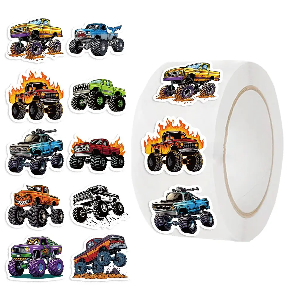 500pcs Monster Truck Stickers, 10 Styles Sticker Rolls, Cartoon Car Stickers, Monster Truck Party Favors, Waterproof Vinyl Stickers, Vehicle Decoration, Stickers For Cars, Decal For Cars