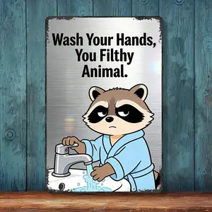 Funny Raccoon Handwashing Gift Metal Sign, "You Filthy Animal" Vintage Bathroom Wall Decor for Home