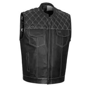 High Mileage Mens Zipper and Snap Closure Leather Club Vest with American Flag Liner White Stitching