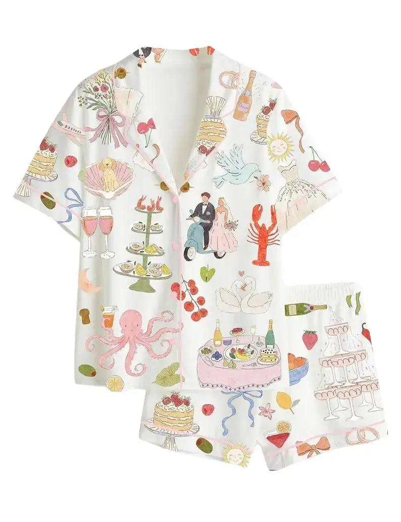 Watercolor Wedding Pajamas, Dolce Vita Bridal Party Gift, Whimsical Summer Satin Pjs, Hand Drawn Aesthetic Loungewear, Luxury Bride Set