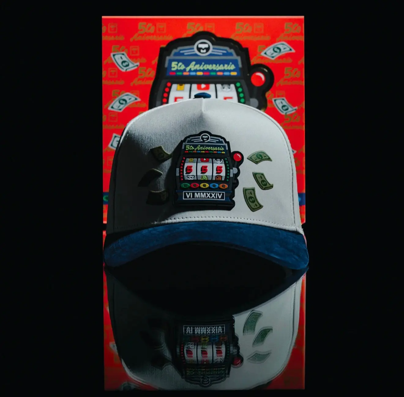 5th Anniversary Streetwear Snapback Hat, Custom Embroidered Limited Edition Premium Headwear in Beige and Navy Blue, Anniversary Snapback, Custom Embroidered Hat