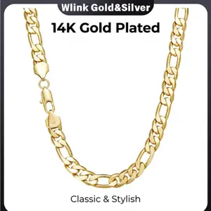 14K Gold Plated  Figaro Link Chain Necklace, 10mm Wide Flat Polished Chain, 50cm/60cm Length, Durable Lobster Clasp, Hip Hop Streetwear Jewelry Gift for Men & Women Gold-Plated