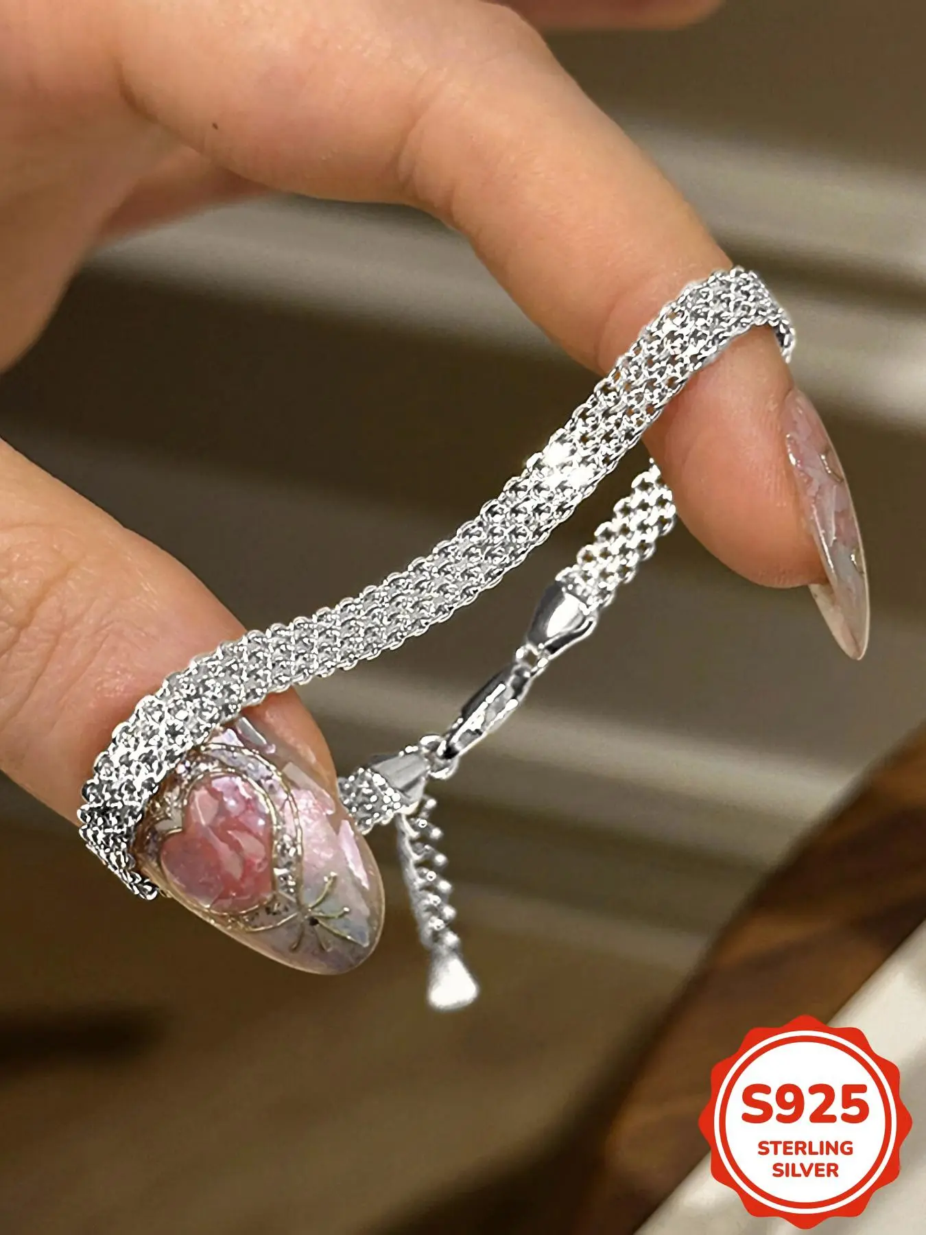 S925 Sterling Silver Sparkling Wide Woven Bracelet, Bracelet for Men and Women, Fashion Hip-hop Trendy Accessories for Daily Wear