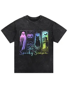 Spooky Season T-Shirt Black Halloween Characters and Text Graphic, Funny Scary Costume Party Tee for Men Women, Trendy Spooky Vibes Shirt for October Fall Outfit, Cute Creepy Ghosts Pumpkin Design Casual Unisex Top