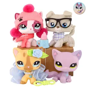 4Pcs Miniature Cat Pack Dog Collie Great Dane Dachshund Cocker Spaniel Mini Pet Toys Sets Animal Figures Collection with Accessories compitable