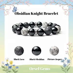 Obsidian Knight Bracelet for Men | Black Obsidian, Black Lava Stone & Picture Jasper Beaded Bracelet | Protection & Strength Jewelry Gift