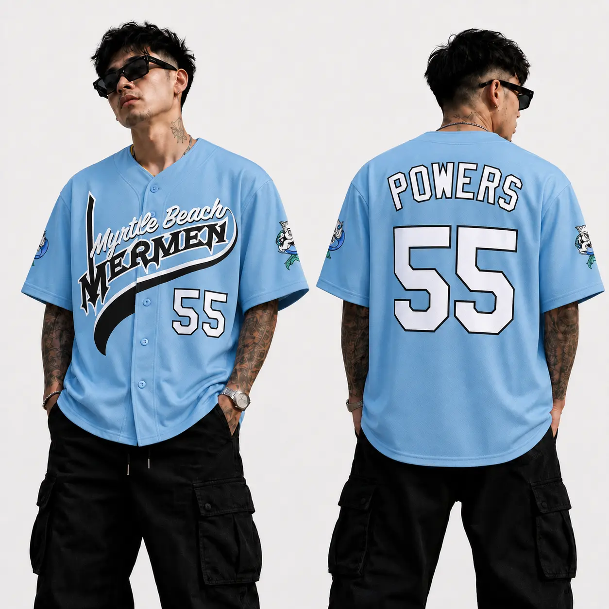 Myrtle Beach 55 Baseball Jersey – Light Blue Short Sleeve Button Down Sports Shirt, Powers 55 Retro Coastal Graphic Jersey, Unisex Summer Game Day Apparel
