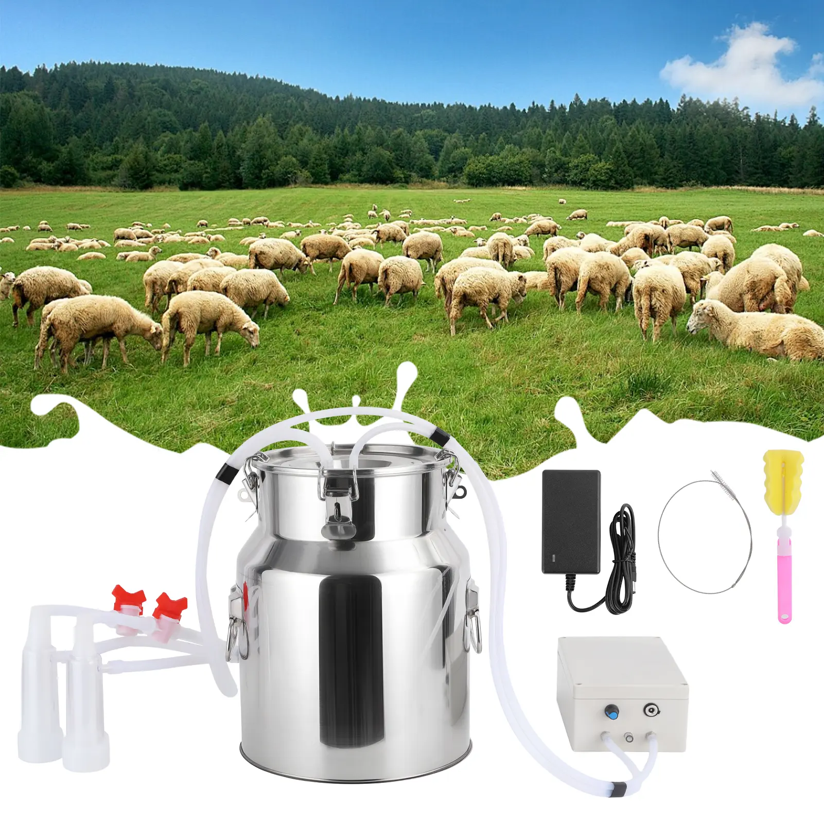 Automatic Pulsating Goat Milker, 14L/5L Stainless Steel Bucket, Food-Grade Silicone Cups & Tubes, Portable Adjustable Suction Machine for Farm Use