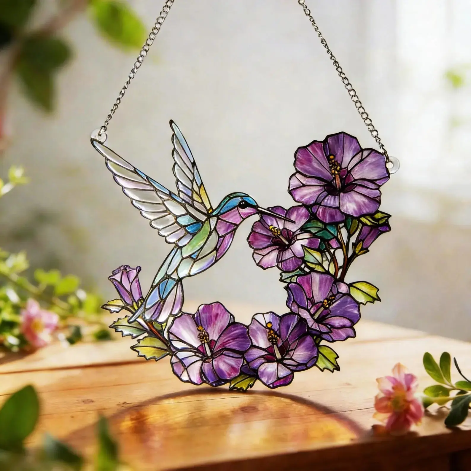 Stained Glass Hummingbird Suncatcher, Lavender Flower Window Hanging, Botanical Glass Art, Gift for Her, Home Decor