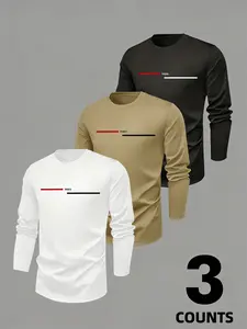 Men's Round Neck Long Sleeve Fitted T-Shirt Set, Geometric Casual Knit Polyester Top, Breathable Quick Dry, Sweat Absorbent, Spring & Fall Wear