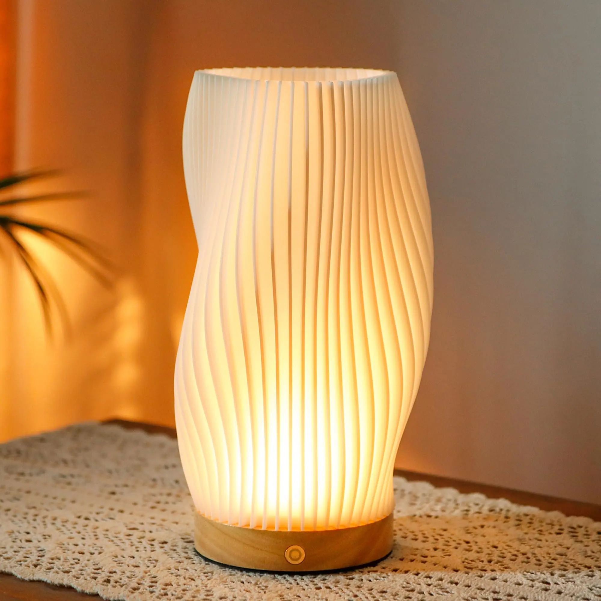 3D Printed Dimmable Touch Table Lamp - Rechargeable Battery-Powered LED with Wood Base, Artistic Shade, 3D Light Patterns, Cozy Bedroom Decor, Party Table Center for Weddings, Parties