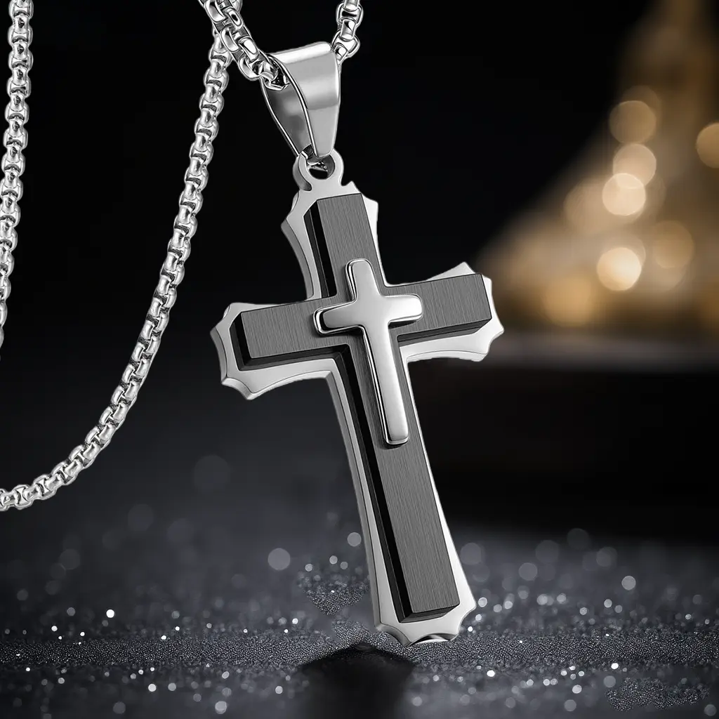 Stainless Steel Cross Necklace for Men, Layered 3D Crucifix Pendant Box Chain, Christian Religious Easter Confirmation Baptism Jewelry Gifts for Him Halo Accessories"