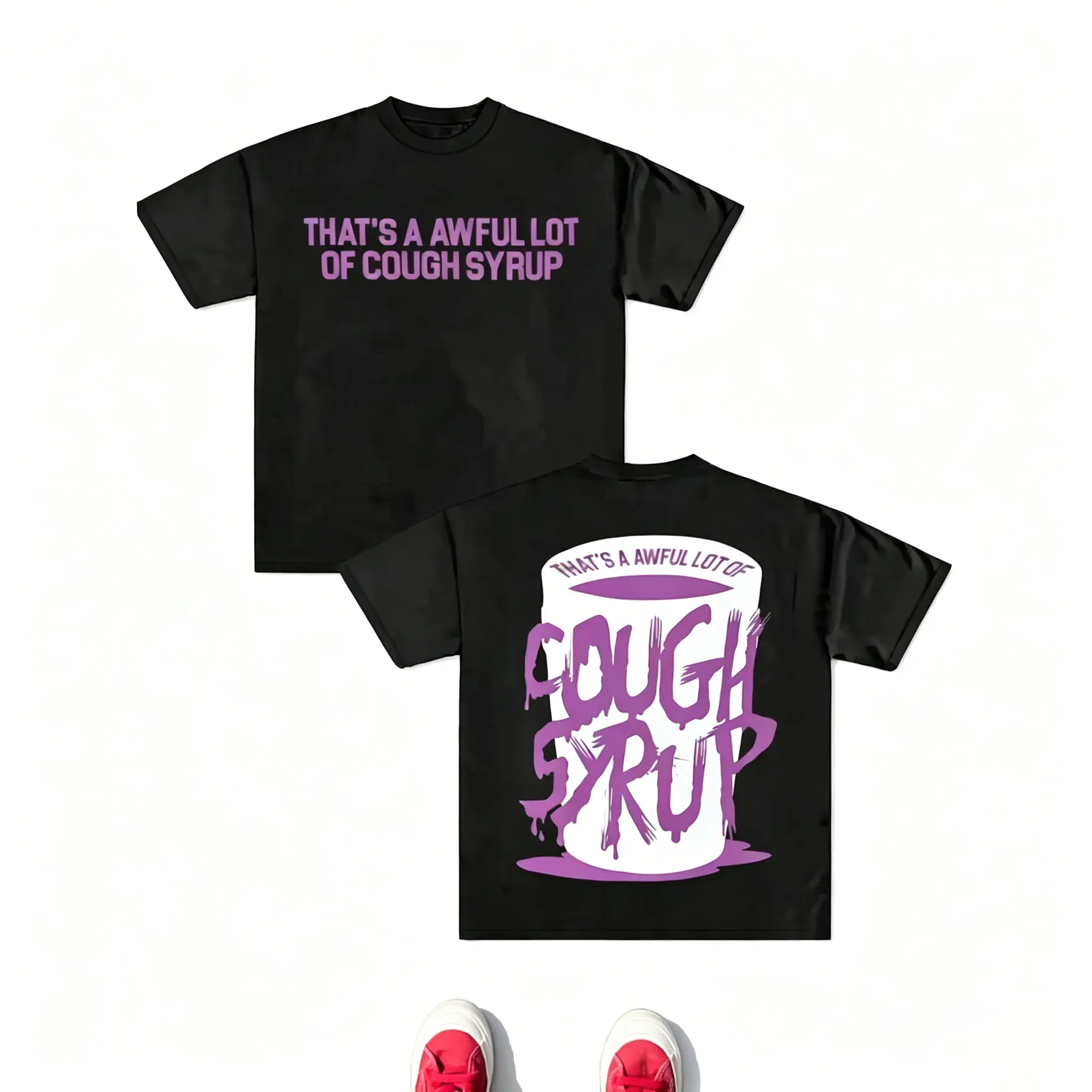 Men's Casual Summer Short-Sleeve Graphic T-Shirt - Black Crew Neck Streetwear Tee, Double-Sided Retro Liquid Cup & "That's A Lot Of Cough Syrup" Print, Premium Heavyweight Cotton Unisex Top, Jeans