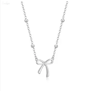 Bow Pendant Beaded Chain Necklace, Gold/Silver Plated Stainless Steel Jewelry, Minimalist Delicate Accessory for Women, Everyday & Gifting