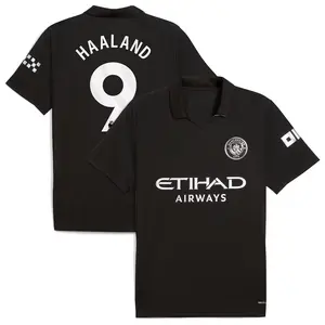Unisex Soccer Manchester City Team Erling Haaland Champions Language 2025/26 Away Replica Player Jersey - Black