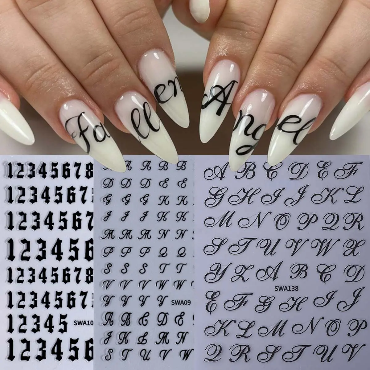 3 Sheets English Letter Motifs Nail Stickers, Elegant Self-Adhesive Black Letter Nail Art Decorations, Nail Art Designs, Glossy Finish, Perfect for Women & Girls Manicure Accessories, Nail Art Supplies