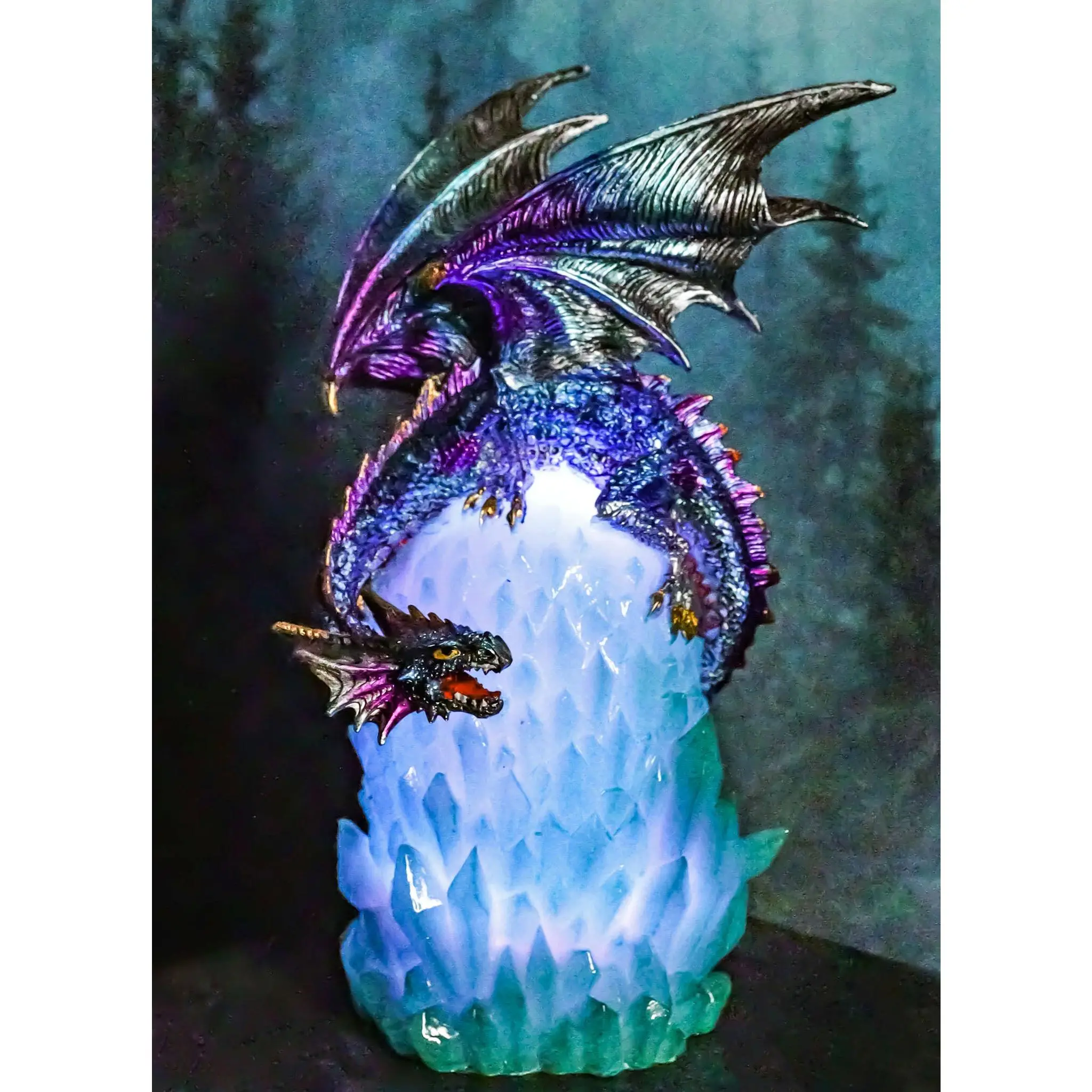 Blue Rainbow Armored Dragon Guarding LED Lantern Acrylic Crystal Egg Figurine