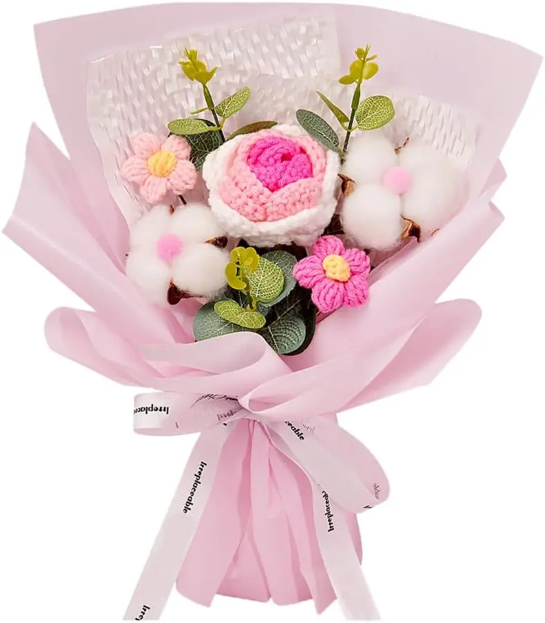 Handmade Crochet Rose & Tulip Bouquet - Decorative Artificial Flowers, Forever Bouquet-Shaped Artificial Flowers, Ideal for Home Decor, Gift for Her (Mother's Day, Valentine's Day Occasions)