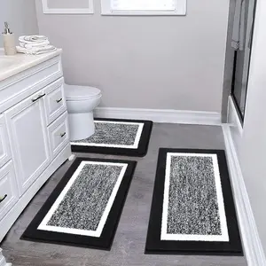 Black, Gray & Taupe Bordered Bath Rug Set | 3-Piece Tufted Mats with White Trim