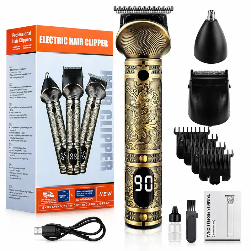 Men's Vintage Dragon T9 Hair Trimmer Kit - Professional 0-Gap Barber Clippers, LCD Display, Adjustable Speed, Portable Cordless Rechargeable Long-Lasting Grooming Set for Beard, Hairline